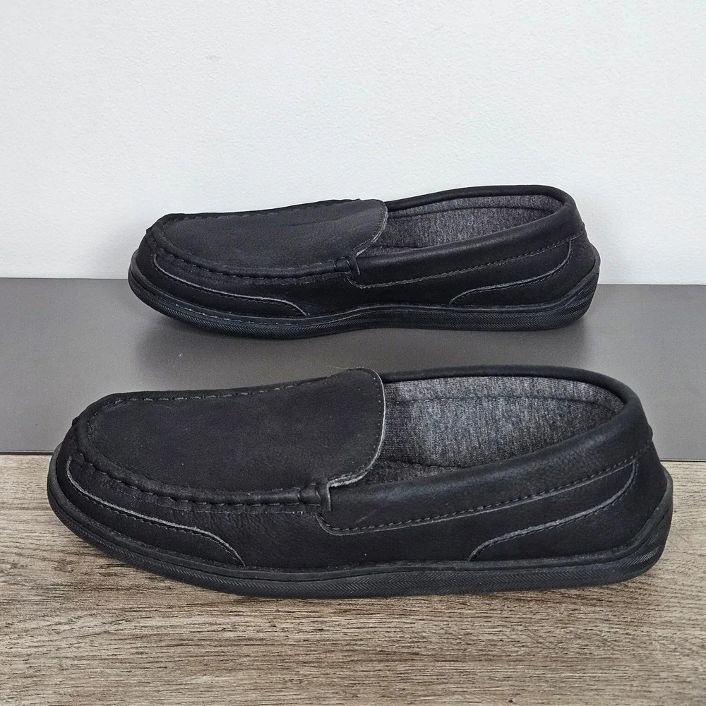 My Slippers Mens 9 Black Leather Moccasin Slippers Slip On House Shoes 74458-03